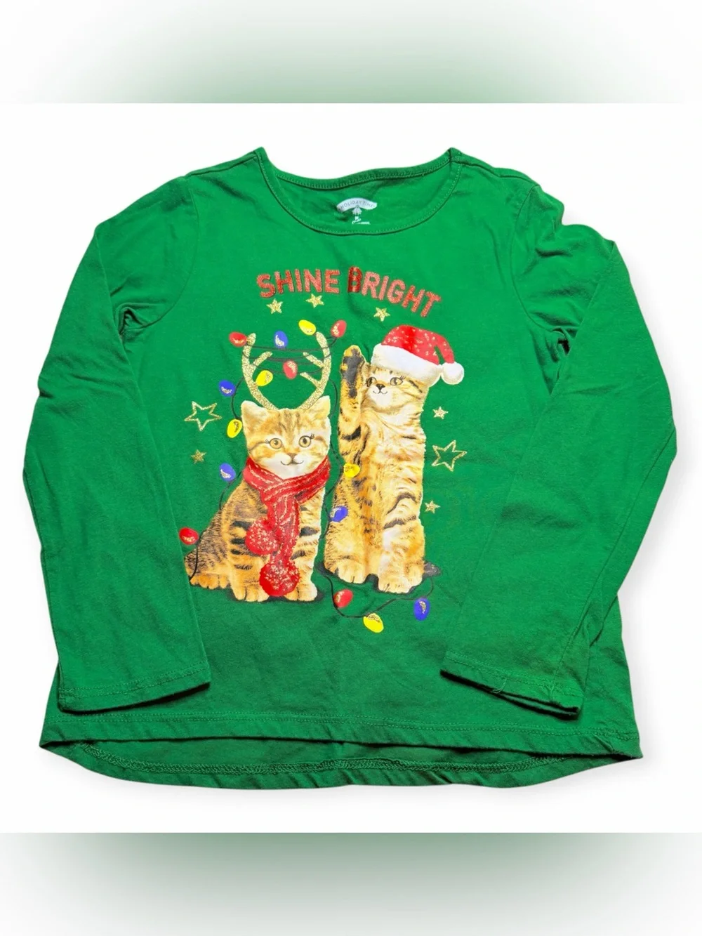 Holiday Time Girls Christmas Shirt Size 7-8 Green Cat Kitten Shine Bright